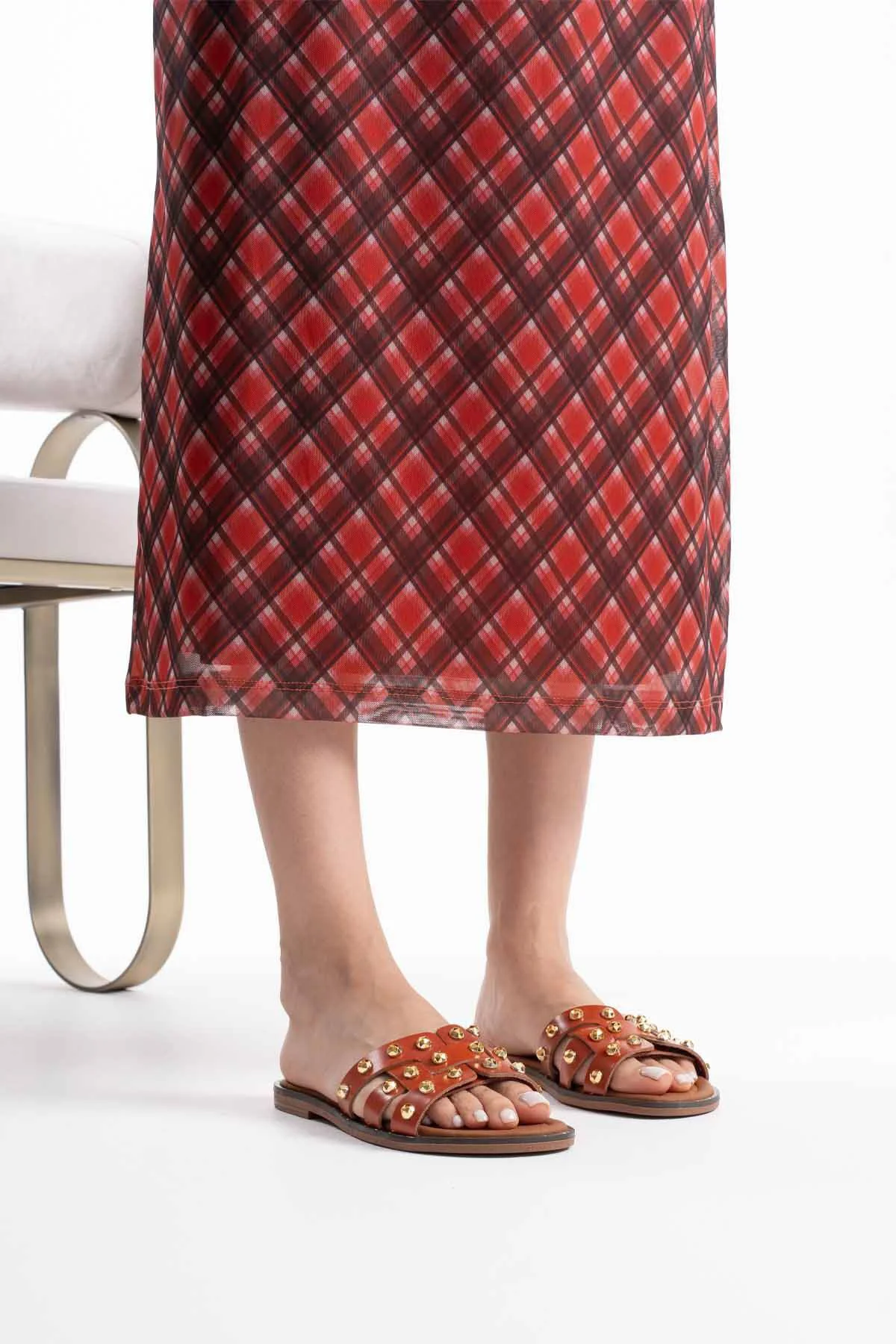 Loose Kiremit Rengi Hakiki Deri Taşlı Terlik