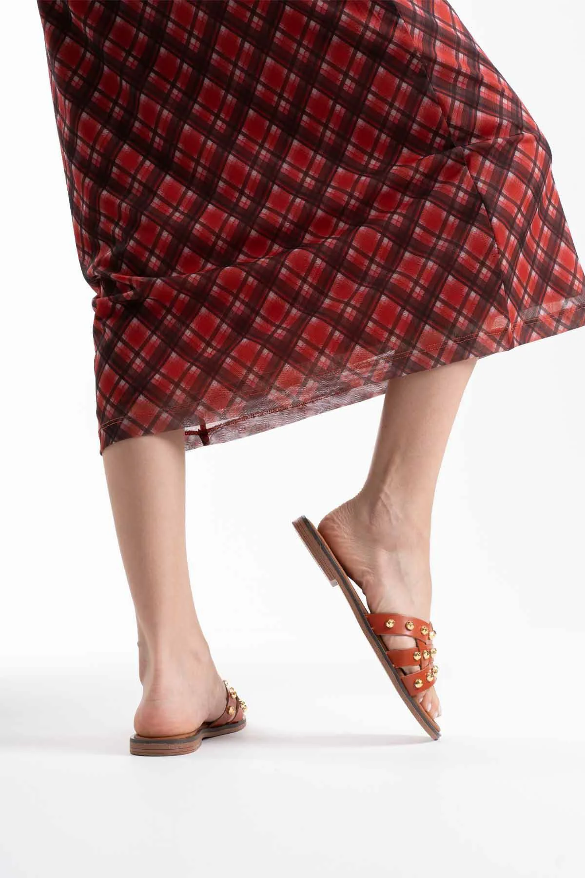 Loose Kiremit Rengi Hakiki Deri Taşlı Terlik