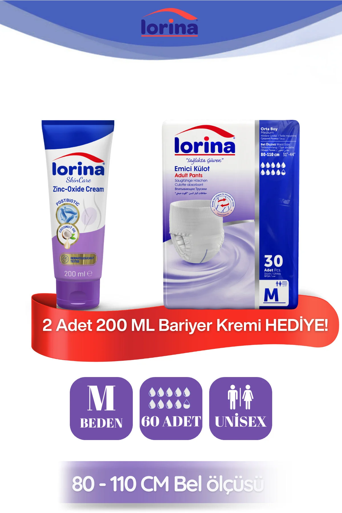 Lorina Emici Külot Hasta Bezi Medium 60'lı - 200 ML Bariyer Kremi