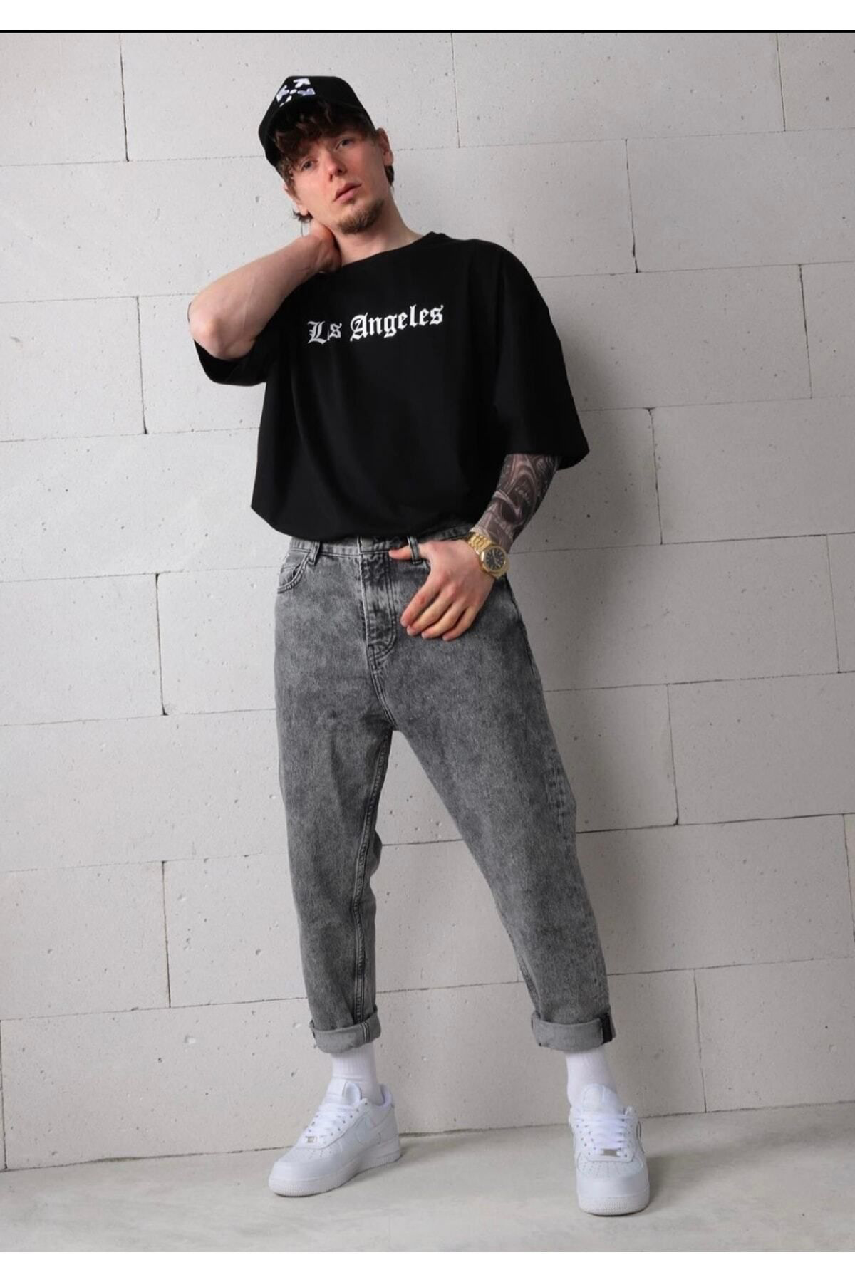 Rk Collection Los Angeles Baskılı Oversize Siyah T-Shirt