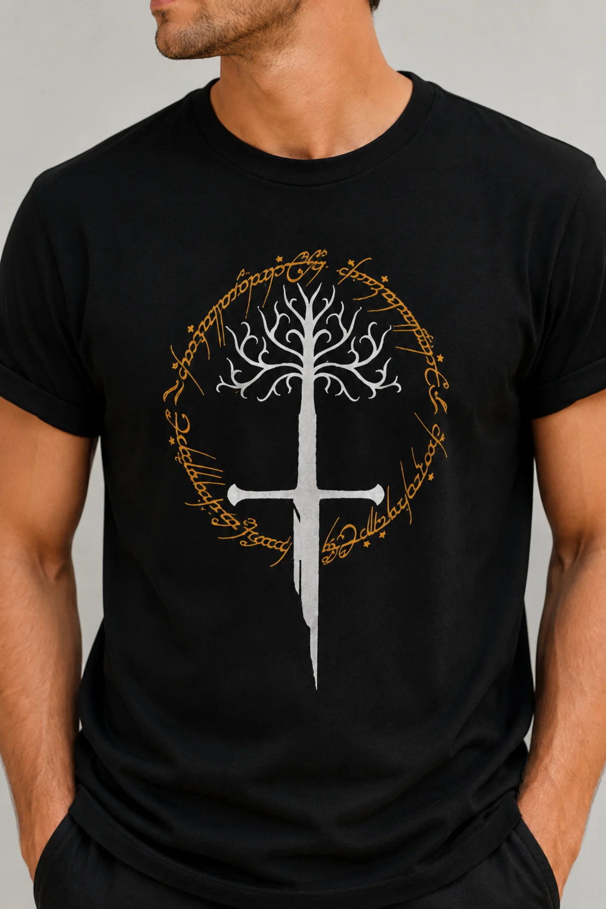 LOTR Gondor Ağacı ve Narsil Kılıcı Baskılı Unisex Regular Siyah Tişört – %100 Pamuk