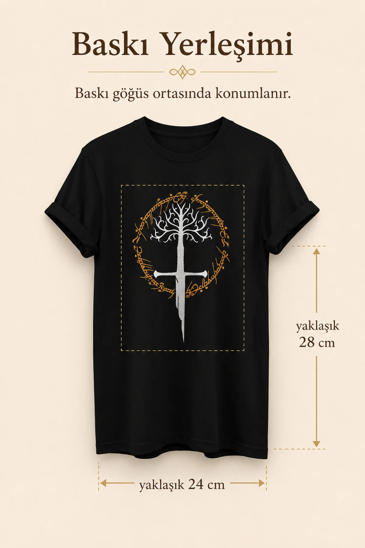 LOTR Gondor Ağacı ve Narsil Kılıcı Baskılı Unisex Regular Siyah Tişört – %100 Pamuk