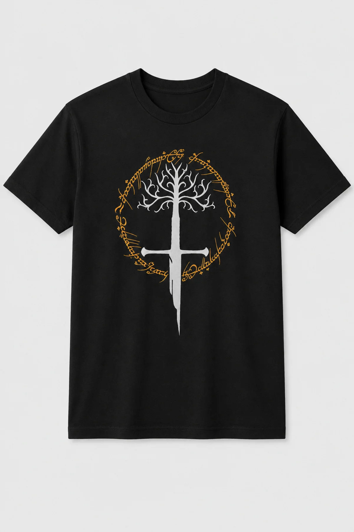 LOTR Gondor Ağacı ve Narsil Kılıcı Baskılı Unisex Regular Siyah Tişört – %100 Pamuk