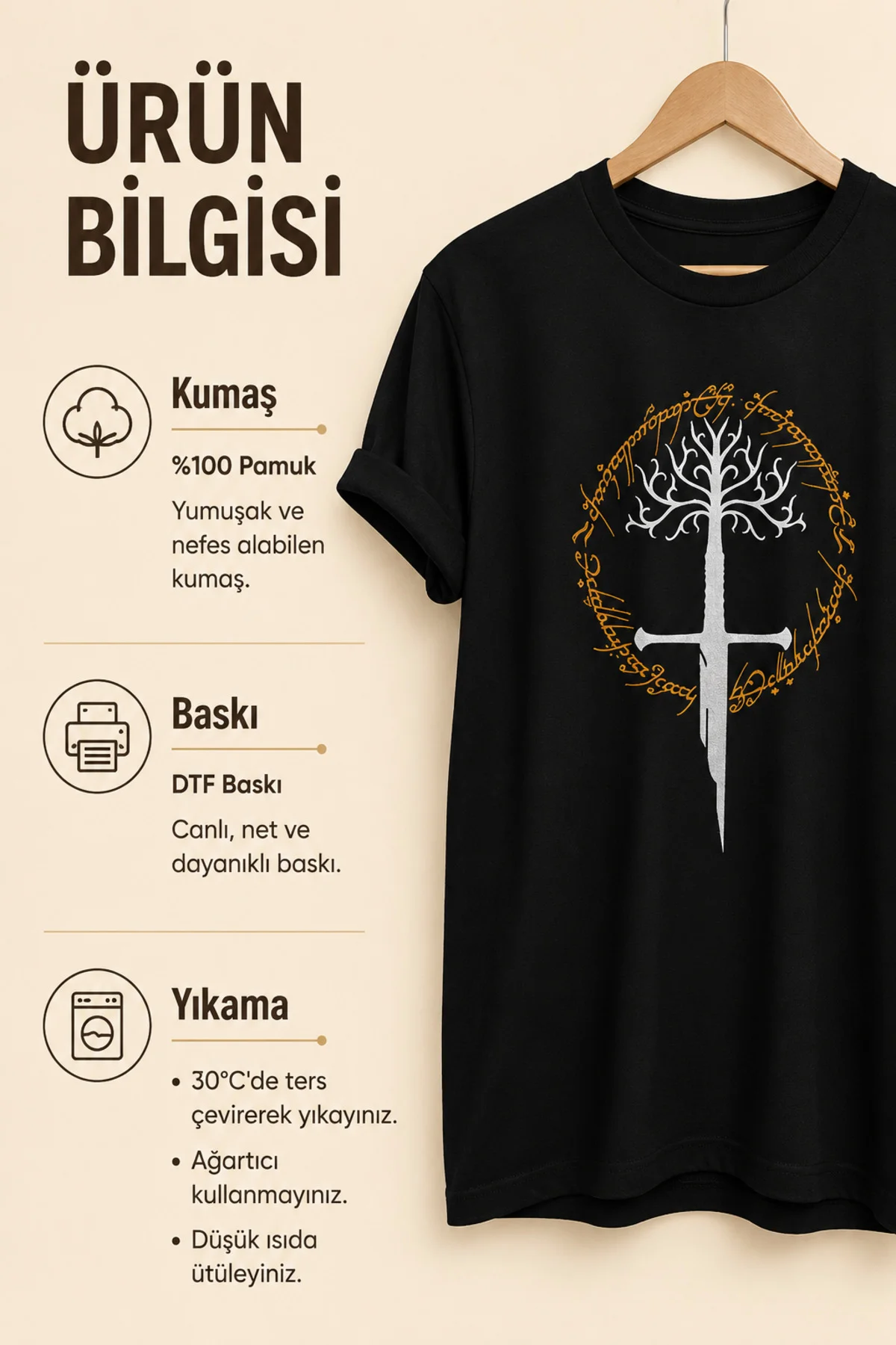 LOTR Gondor Ağacı ve Narsil Kılıcı Baskılı Unisex Regular Siyah Tişört – %100 Pamuk
