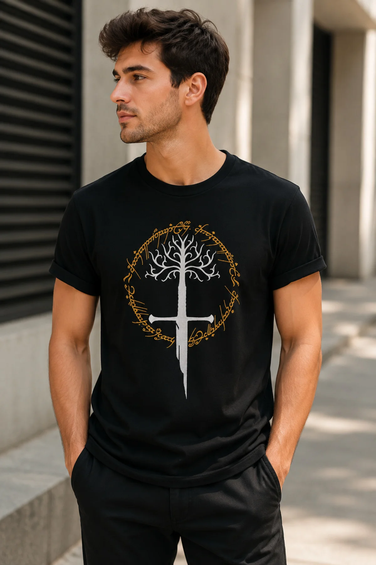 LOTR Gondor Ağacı ve Narsil Kılıcı Baskılı Unisex Regular Siyah Tişört – %100 Pamuk