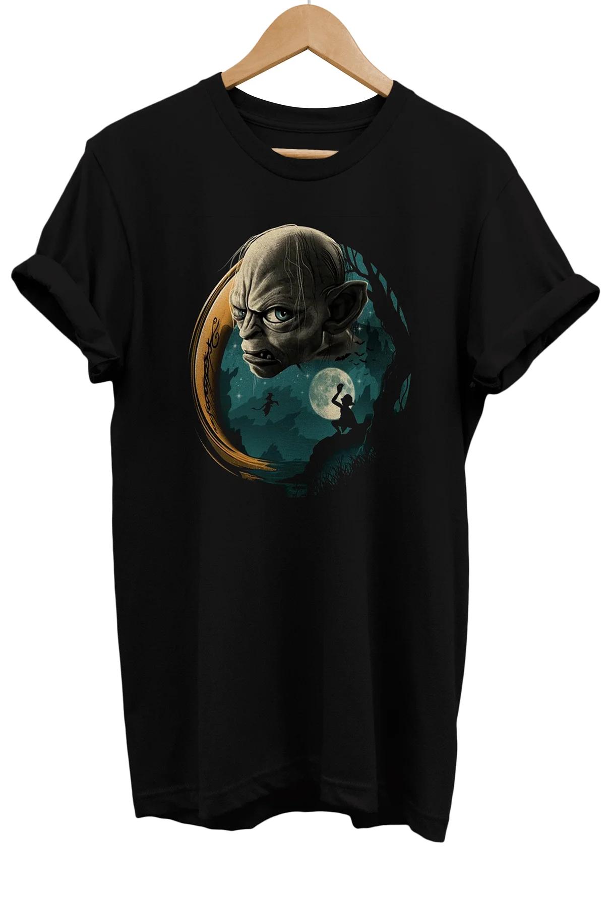 Lotr Yüzüklerin Efendisi Gollum Baskılı %100 Pamuk Oversize Siyah