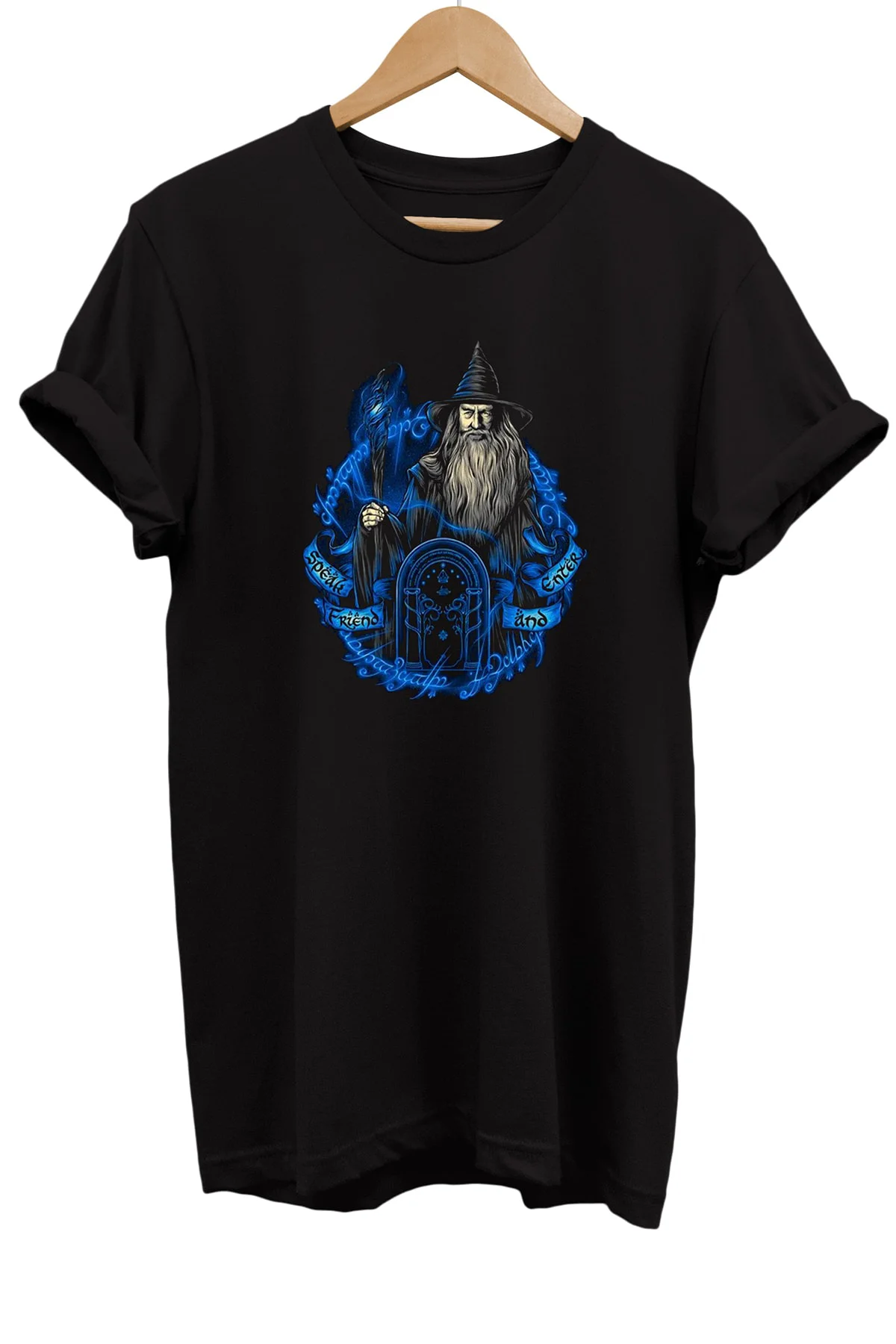 Lotr Yüzüklerin Efendisi Gandalf Söyle Dost Öyle Geç Baskılı %100 Pamuk Basic T-shirt