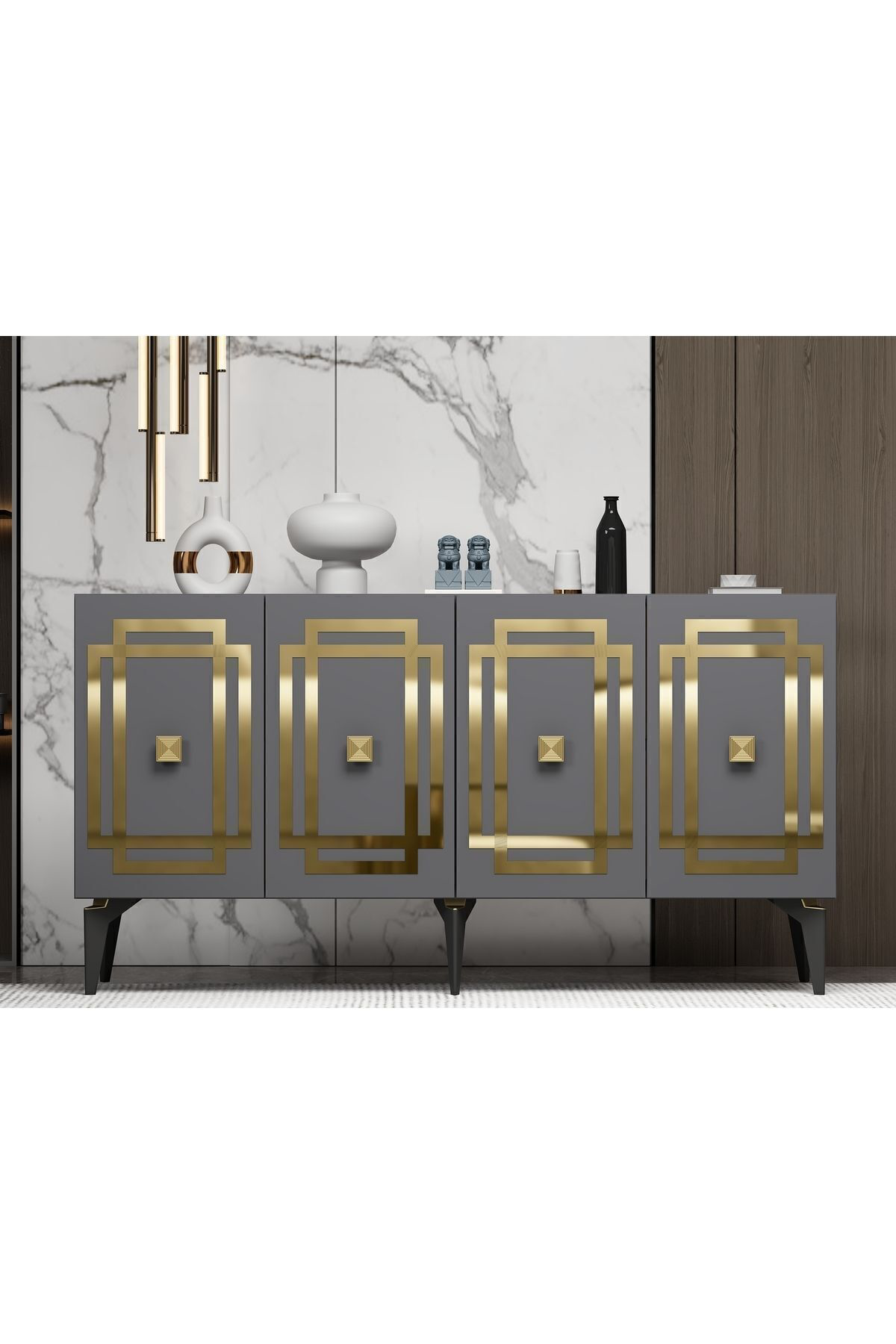 Cantek Dizayn Lottus Konsol 4 Kapakli Rafli Antrasit-Altin