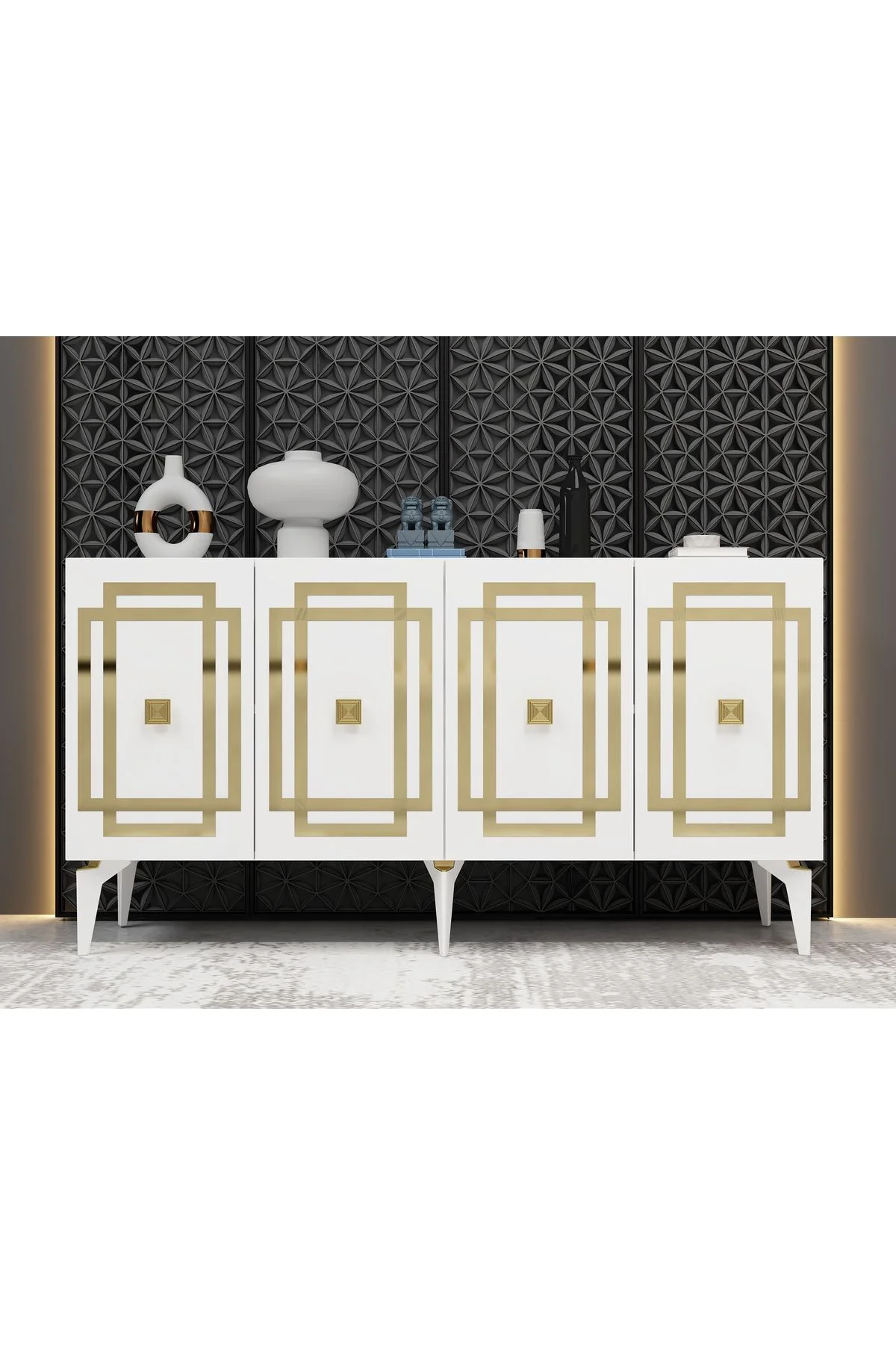 LOTTUS KONSOL 4 KAPAKLI RAFLI BEYAZ-ALTIN