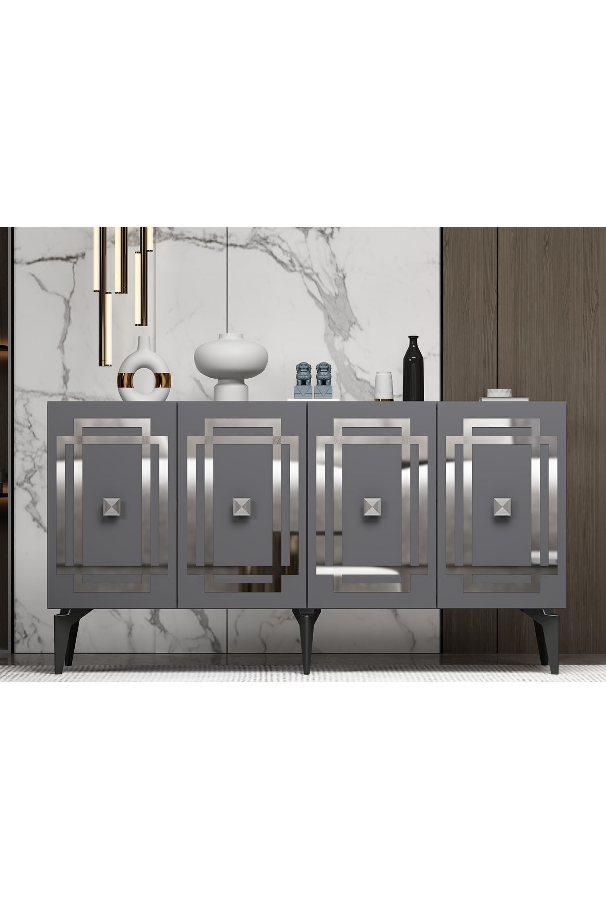 Cantek Dizayn Lottus Konsol 4 Kapakli Rafli Antrasit-Gümüş