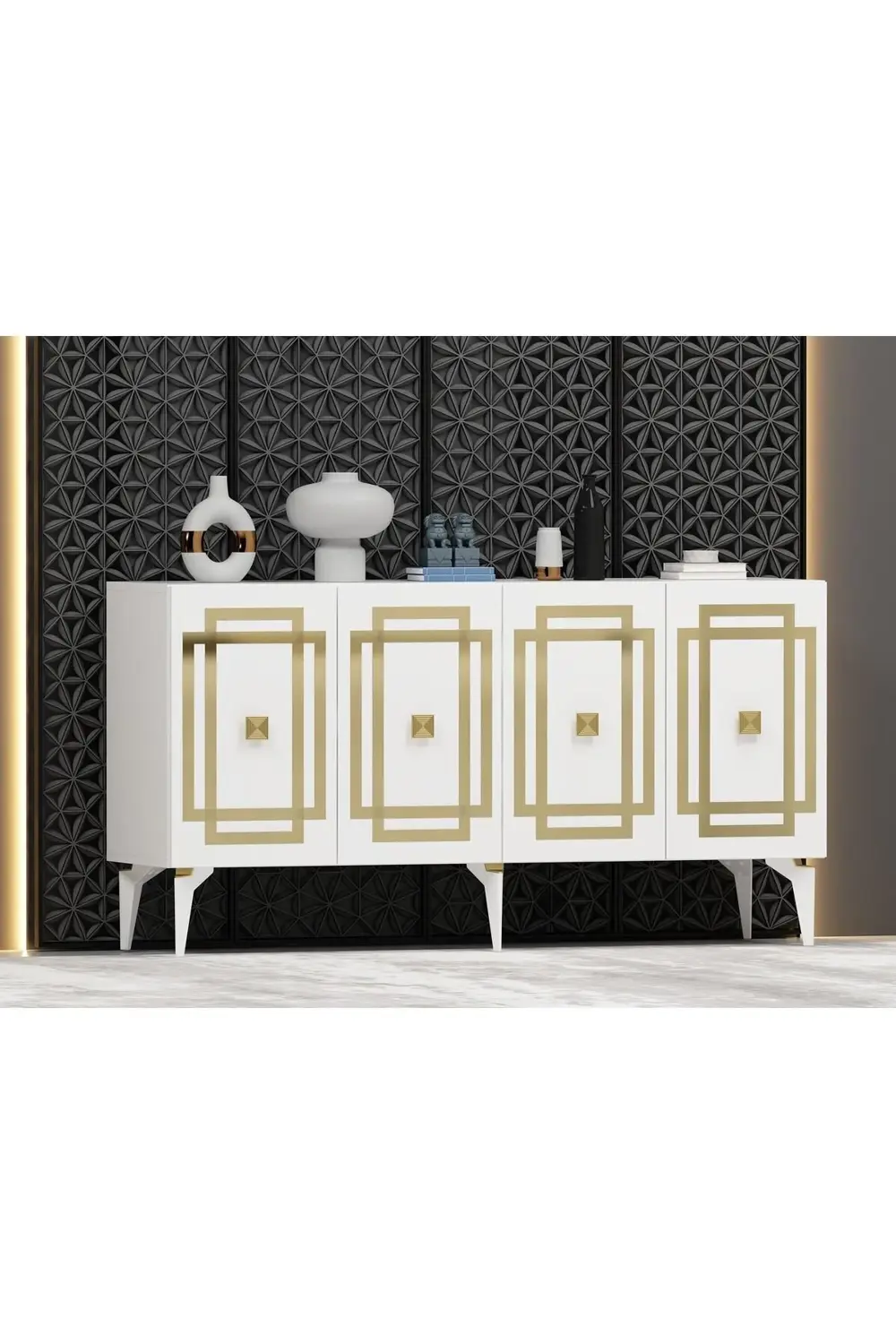 LOTTUS KONSOL 4 KAPAKLI RAFLI BEYAZ-ALTIN