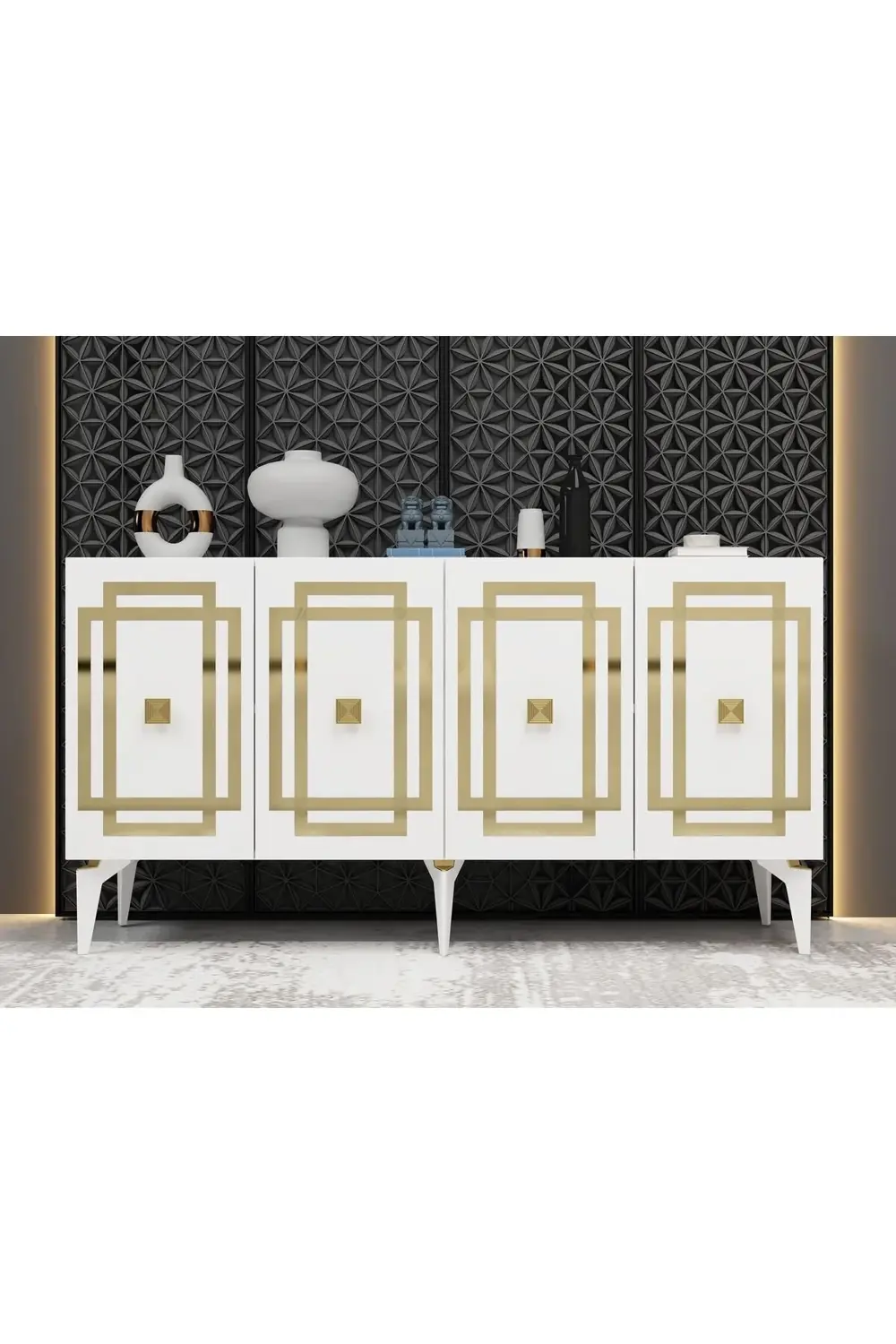 LOTTUS KONSOL 4 KAPAKLI RAFLI BEYAZ-ALTIN