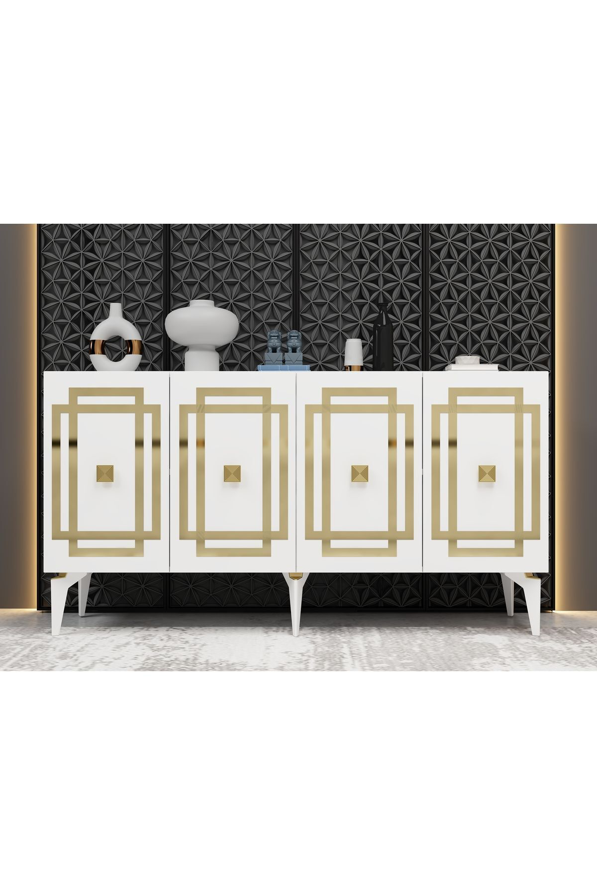 Cantek Dizayn Lottus Konsol 4 Kapakli Rafli Beyaz-Altin