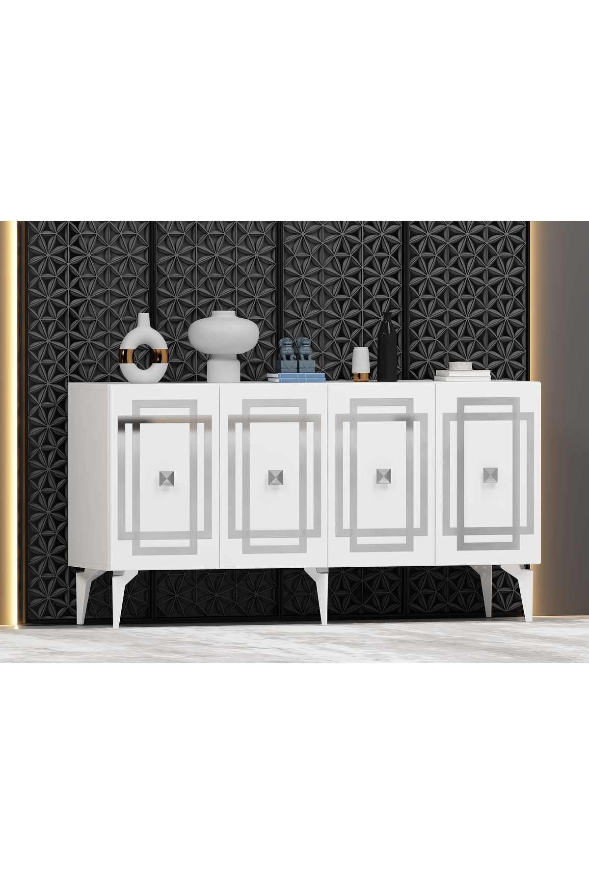 Cantek Dizayn Lottus Konsol 4 Kapakli Rafli Beyaz-Gümüş