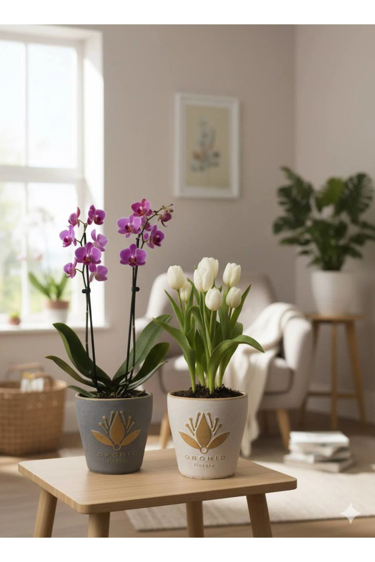 Lotus Çiçeği Desenli Dekoratif Beton Görünümlü Saksı - 2 Farklı R