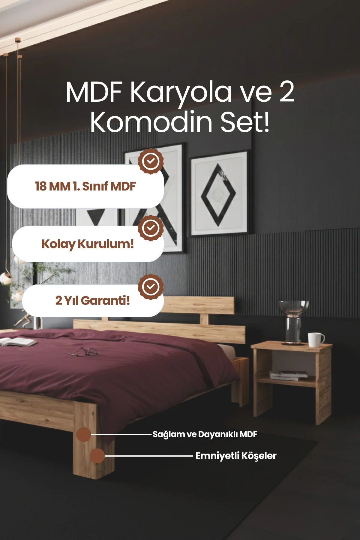 Lotus Çift Kişilik MDF Modern Karyola ve İki Adet Komodin Seti Fiyatı, Yorumları ve Özellikleri