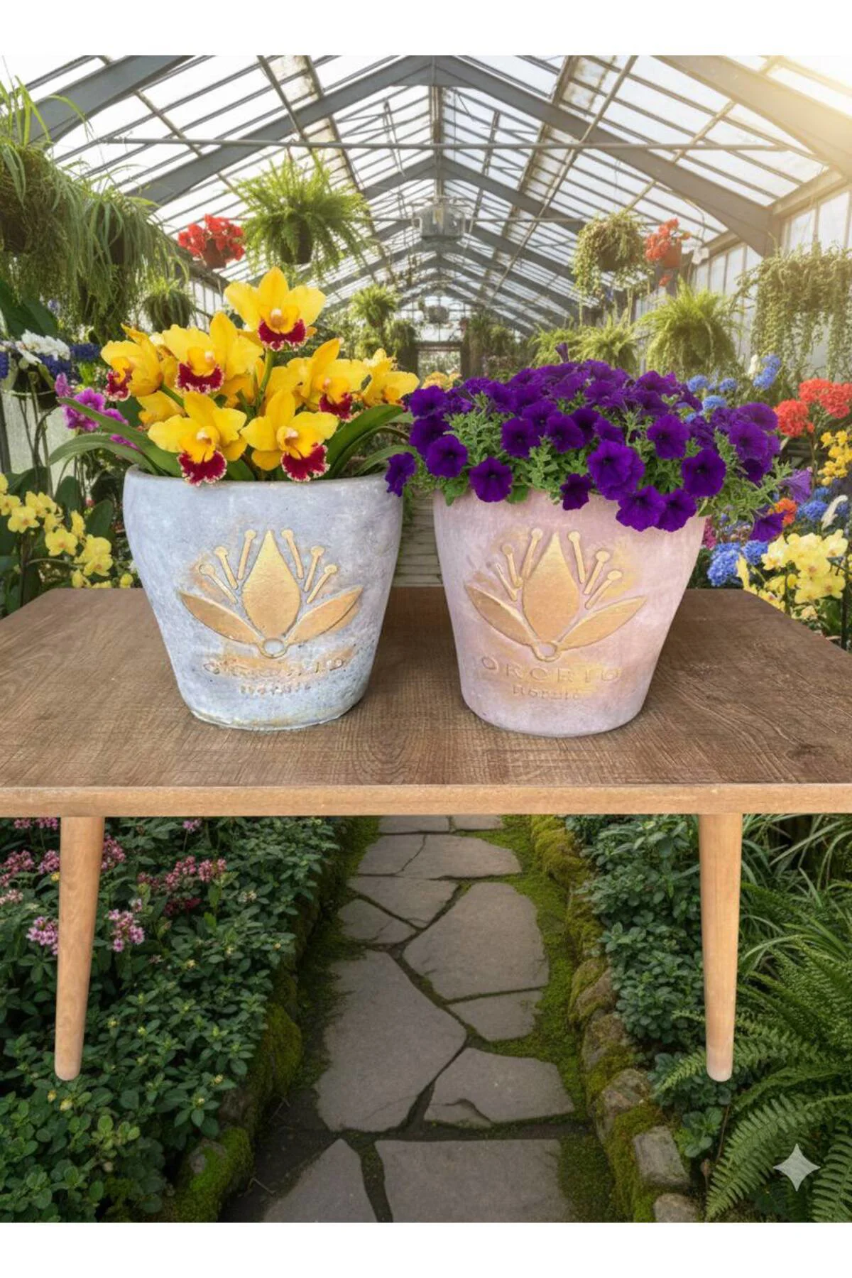 Lotus Desenli Dekoratif Çiçek ve Orkide Saksı - 2 Farklı Renk (çi
