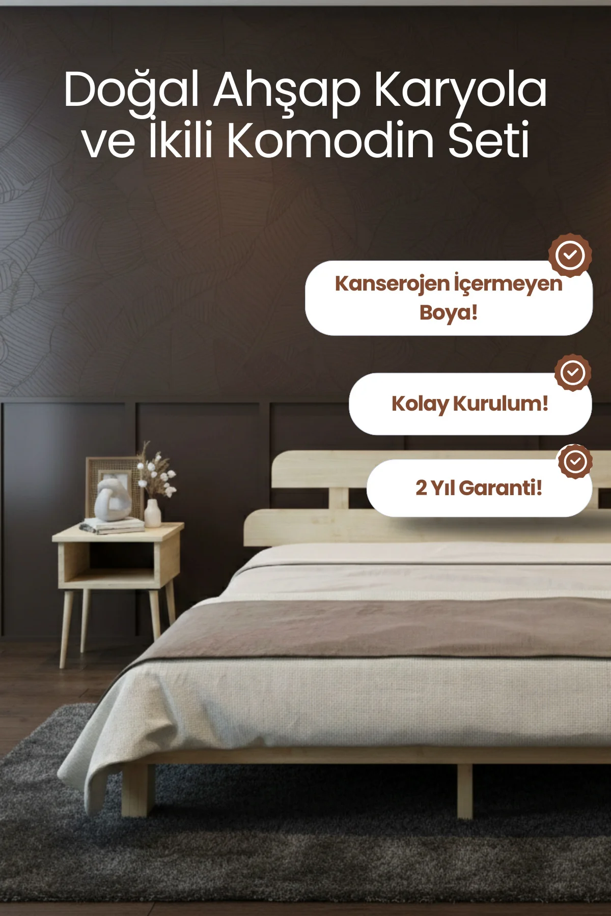 Lotus Masif Çam Karyola Ve İki Adet Komodin Seti - Modern Yatak Odası Takımı Fiyatı, Yorumları ve Özellikleri