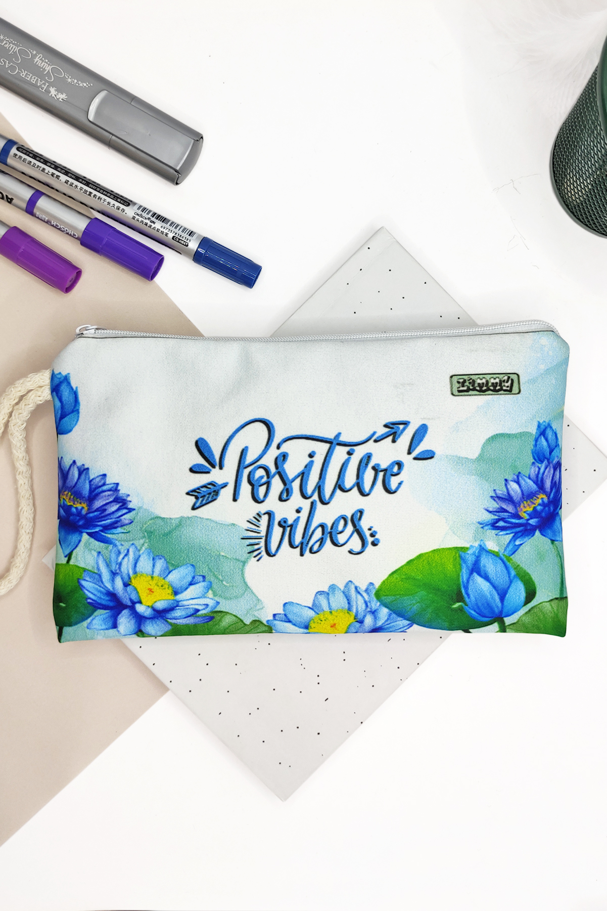 Lotus Positive Desenli Kalem Kutusu Yıkanabilir Bez Kalemlik