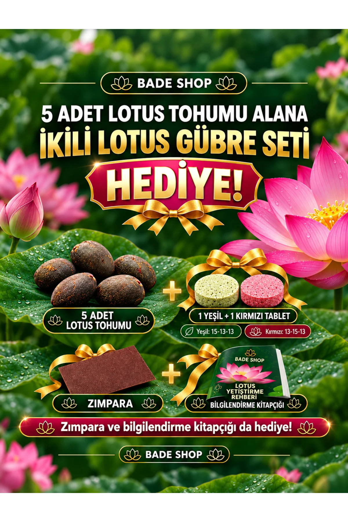Lotus Yetiştirme Seti – 5 Adet Tohum + İkili Gübre Seti, Zımpara ve Bilgilendirme Broşürü Hediyeli Lotus Yetiştirme Seti – 5 Adet Tohum + İkili Gübre Seti, Zımpara ve Bilgilendirme Broşürü Hediyeli