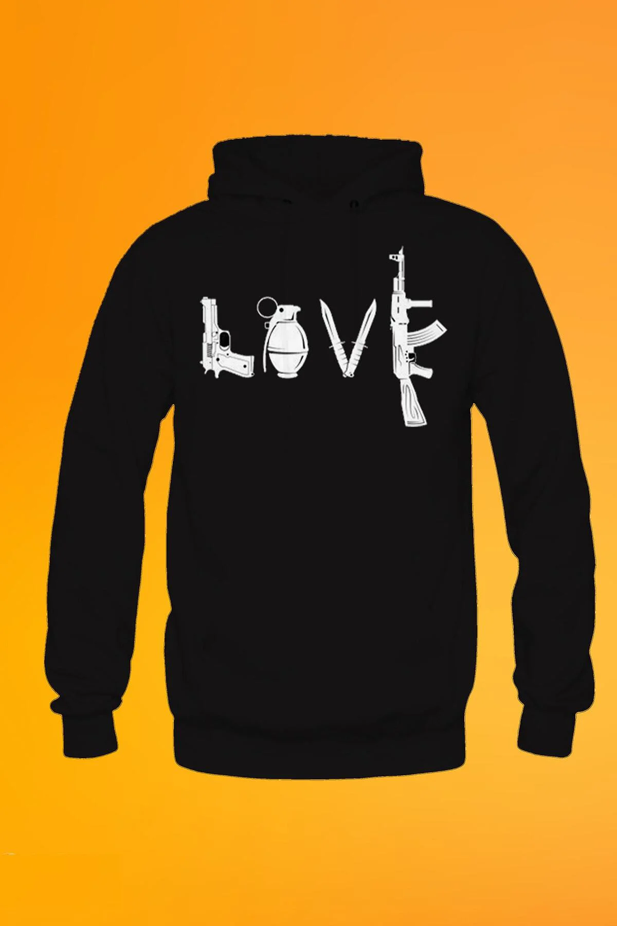 Love Baskılı Siyah Unisex Kanguru Cep Kapüşonlu Sweatshirt