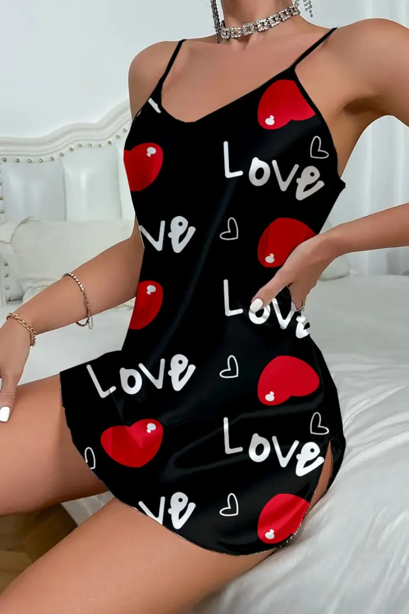 Love Desenli Siyah Saten Gecelik - Kadın Güzellik İçin Şık ve Konforlu Seçenek