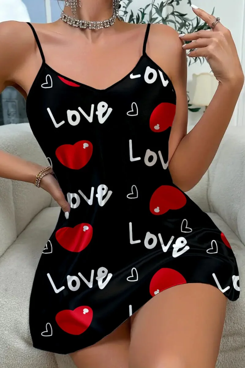 Love Desenli Siyah Saten Gecelik - Kadın Güzellik İçin Şık ve Konforlu Seçenek