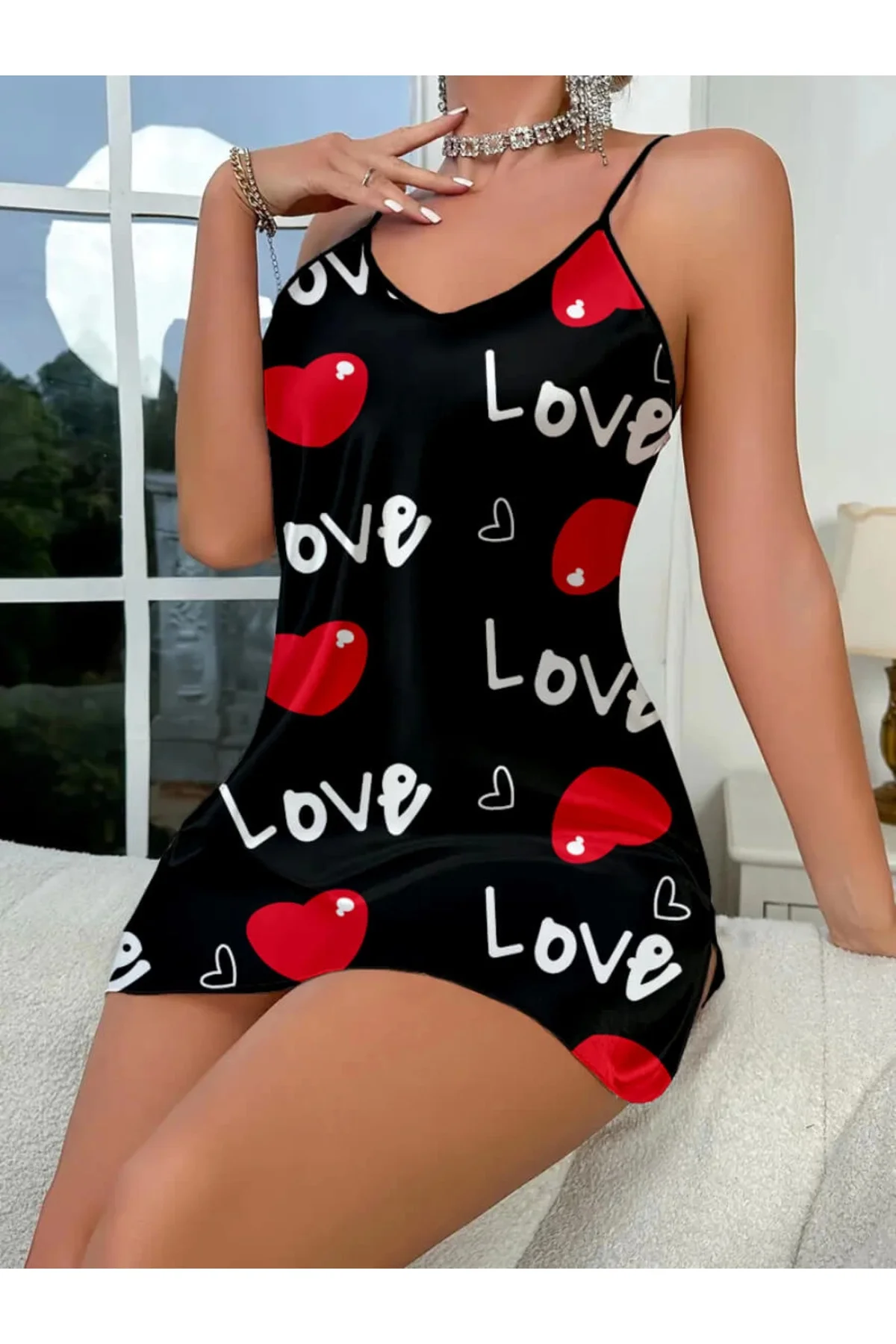 Love Desenli Siyah Saten Gecelik Love Desenli Siyah Saten Gecelik - Görsel 2