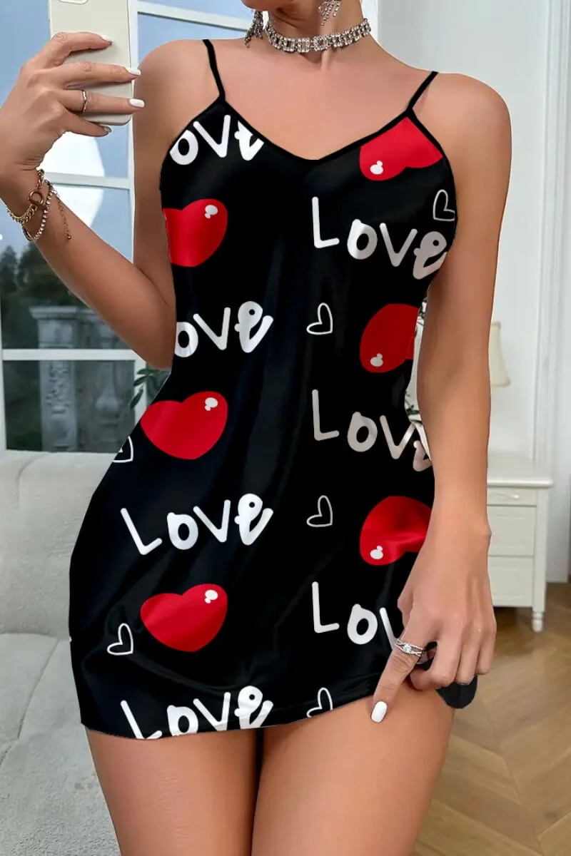 Love Desenli Siyah Saten Gecelik - Kadın Güzellik İçin Şık ve Konforlu Seçenek