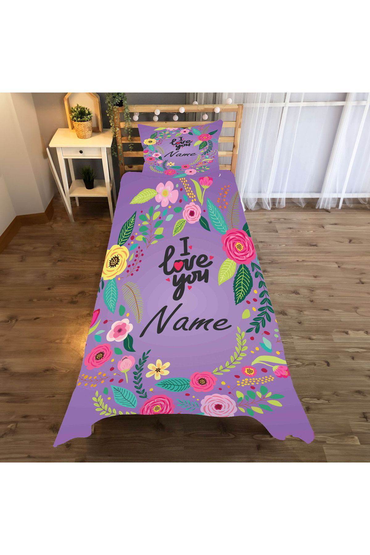 Evan Home Love You Desenli Çocuk Odası Takım Perde (İki Kanat),Yatak Örtüsü,Yastık,Kırlent ,Halı,Tablo