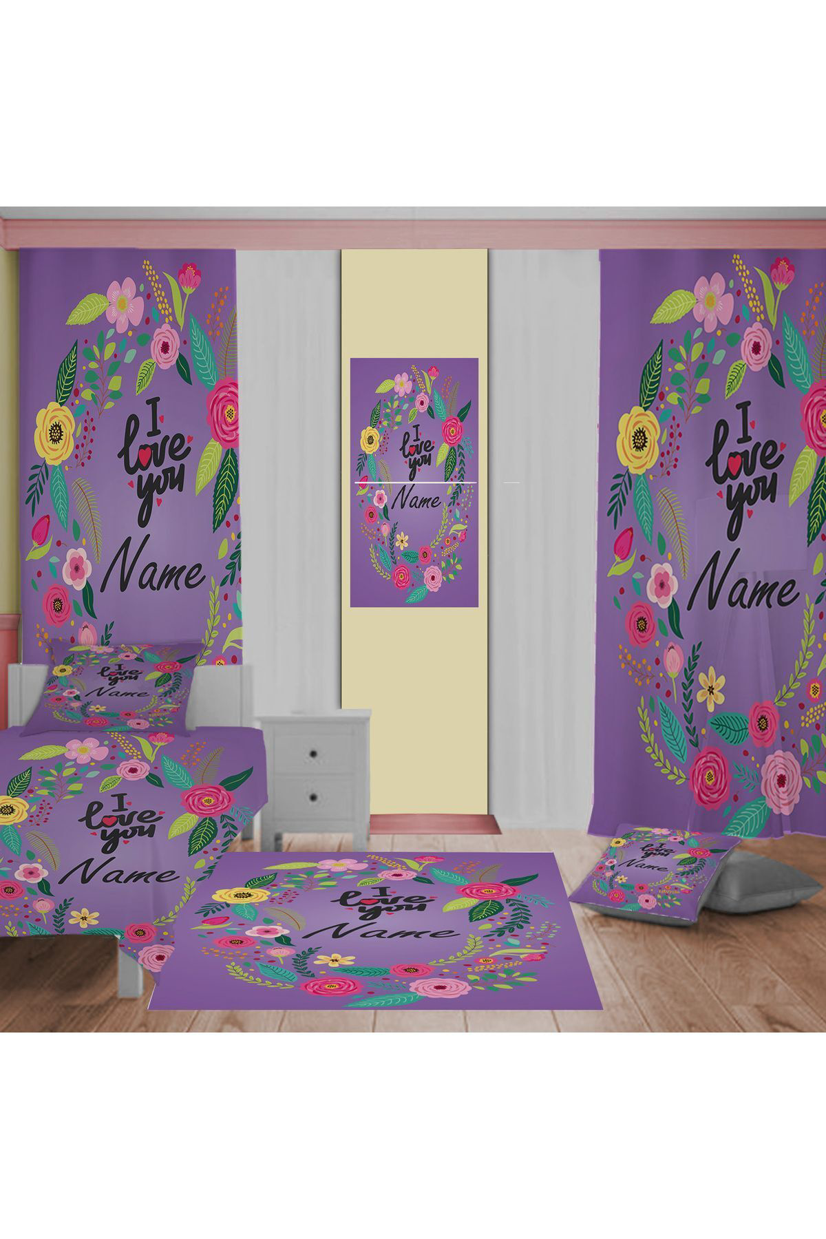 Evan Home Love You Desenli Çocuk Odası Takım Perde (İki Kanat),Yatak Örtüsü,Yastık,Kırlent ,Halı,Tablo