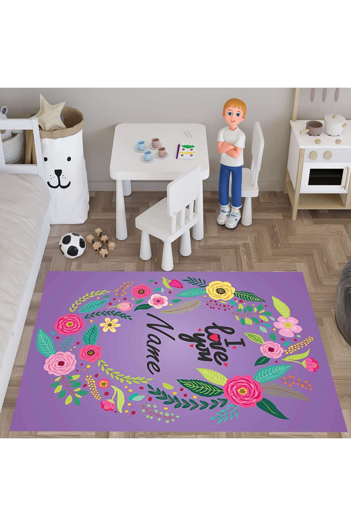 Evan Home Love You  Desenli  Dijital Baski Yikanabilir Kaymaz Taban Çocuk Odasi Halisi