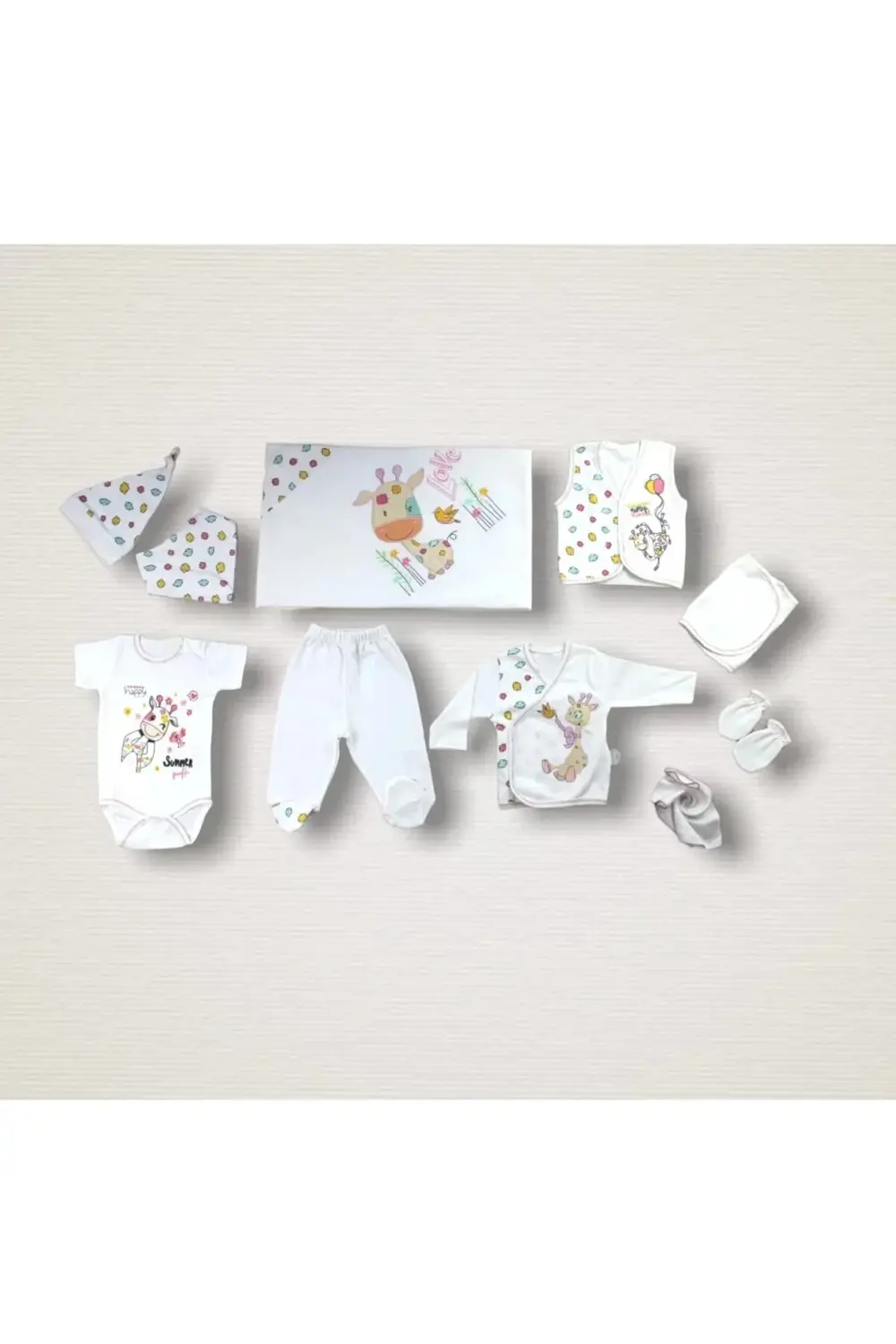 Love Zürafa Nakışlı %100 Cotton 10lu Zıbın Takımı Hastane Çıkışı