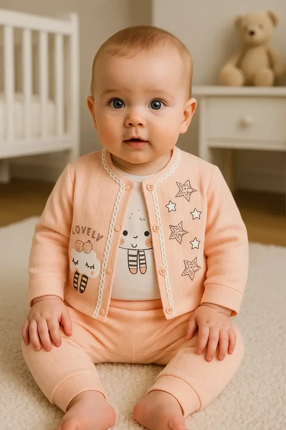Lovely Yıldız Desenli 3'lü Hırkalı Kız Bebek Takım