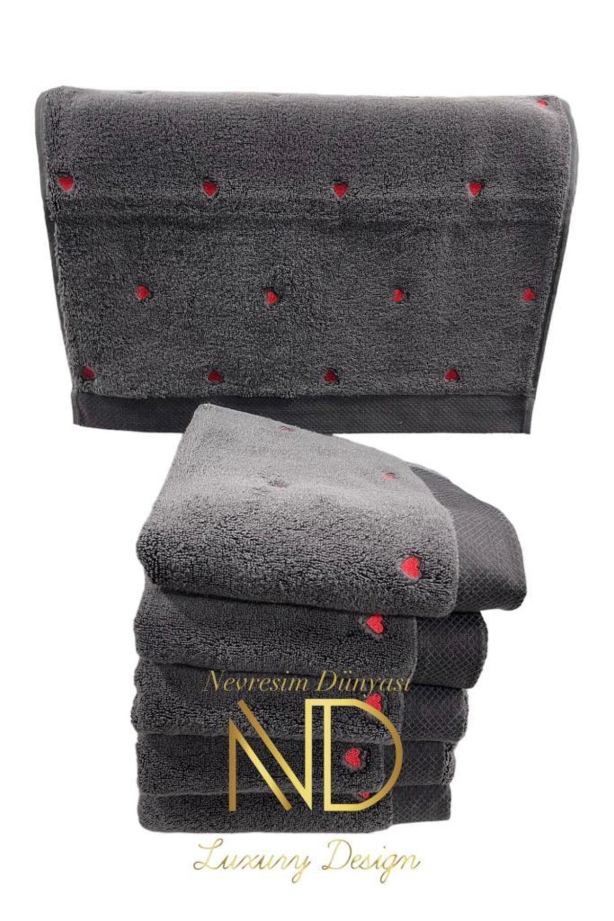 Mydrop Lubow Love Koyu Gri Kırmızı Nakışlı 70X140 6'Lı Havlu Seti