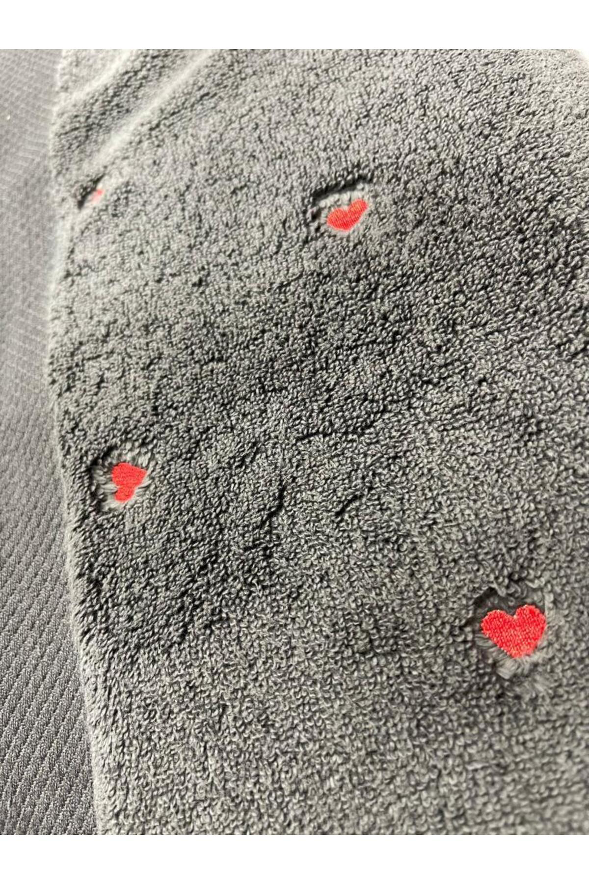 Mydrop Lubow Love Koyu Gri Kırmızı Nakışlı 70X140 6'Lı Havlu Seti