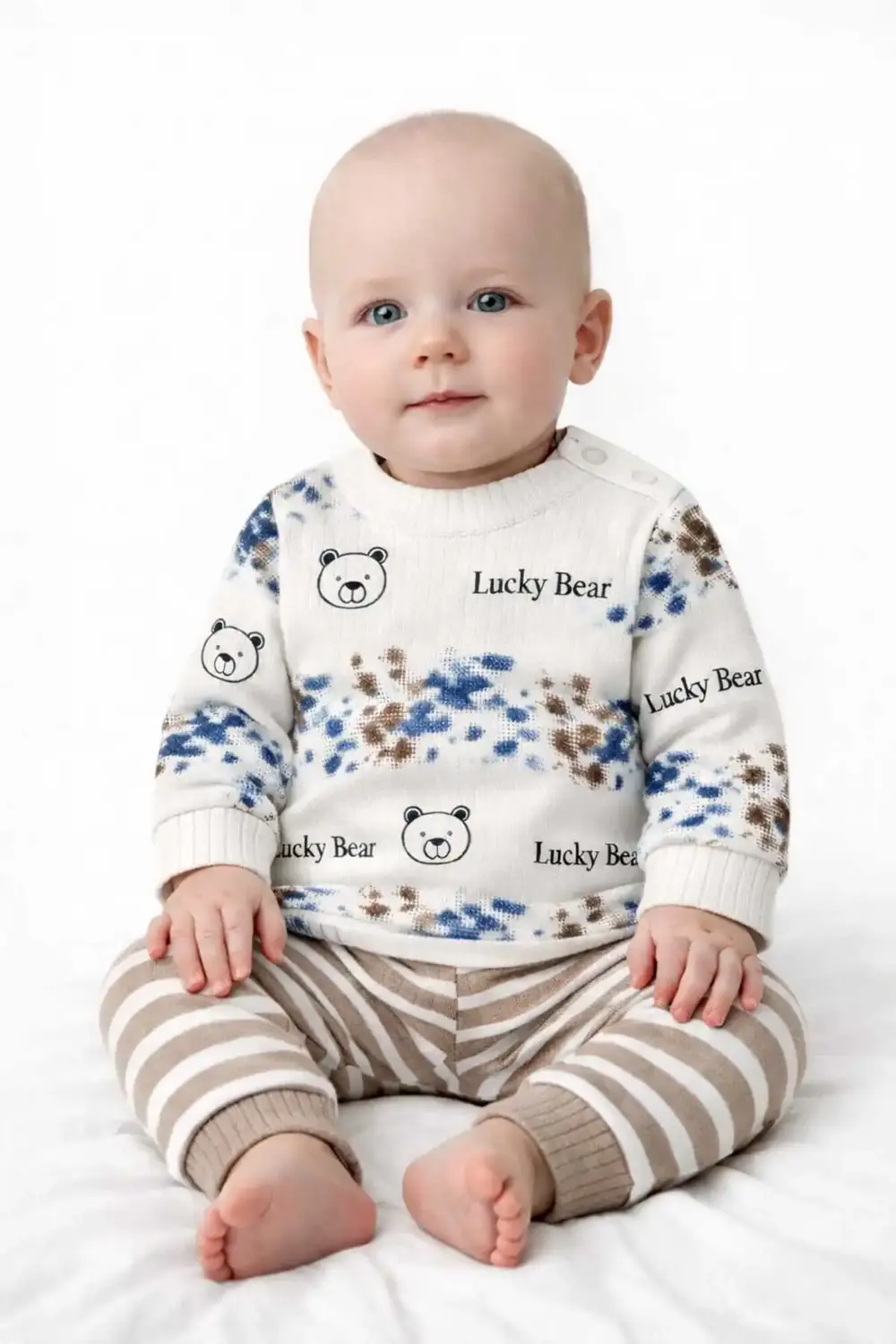 Lucky Bear Baskılı Unisex Pamuklu Bebek Takımı Uzun Kollu Üst Çiz