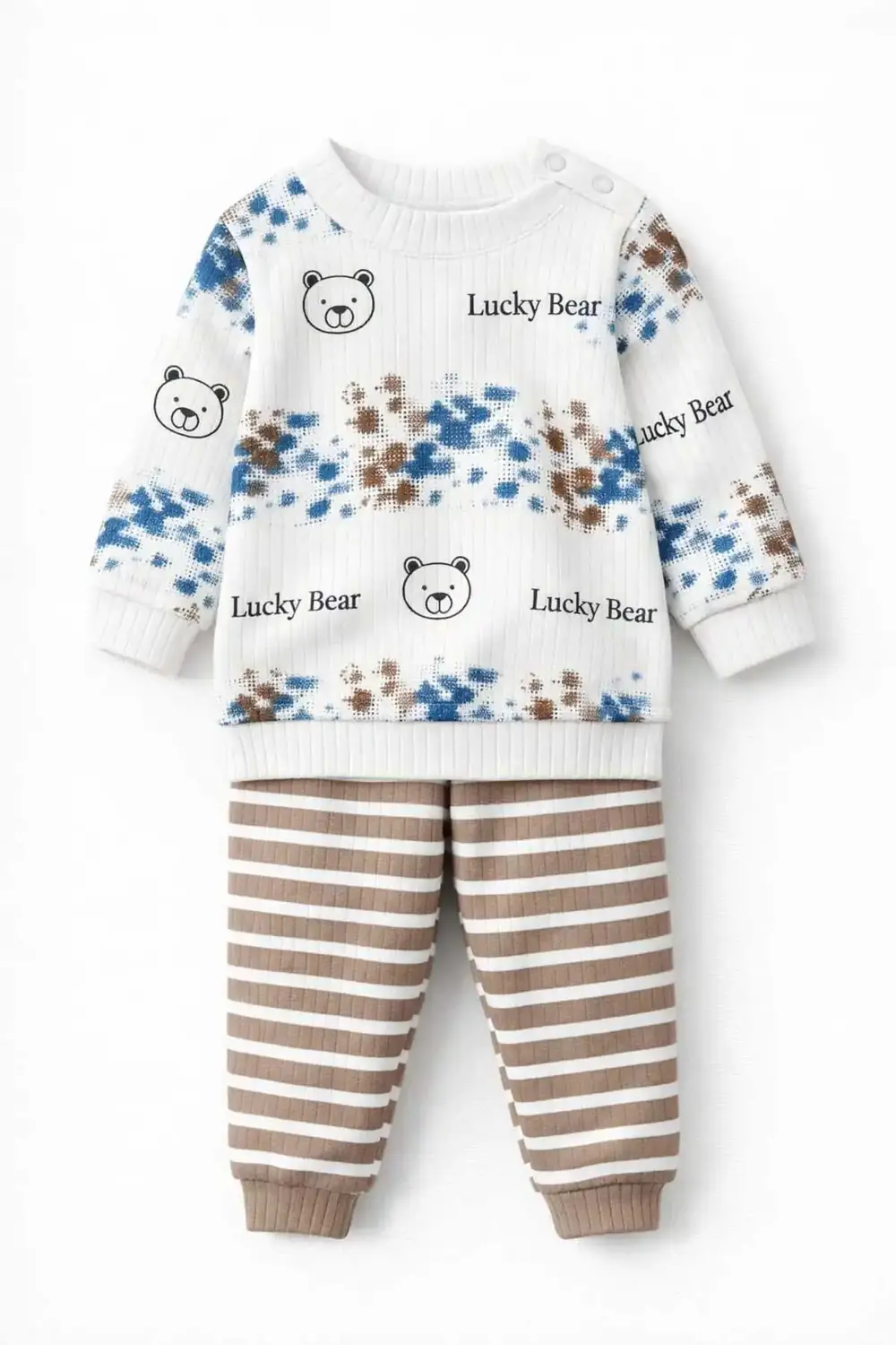 Lucky Bear Baskılı Unisex Pamuklu Bebek Takımı Uzun Kollu Üst Çiz