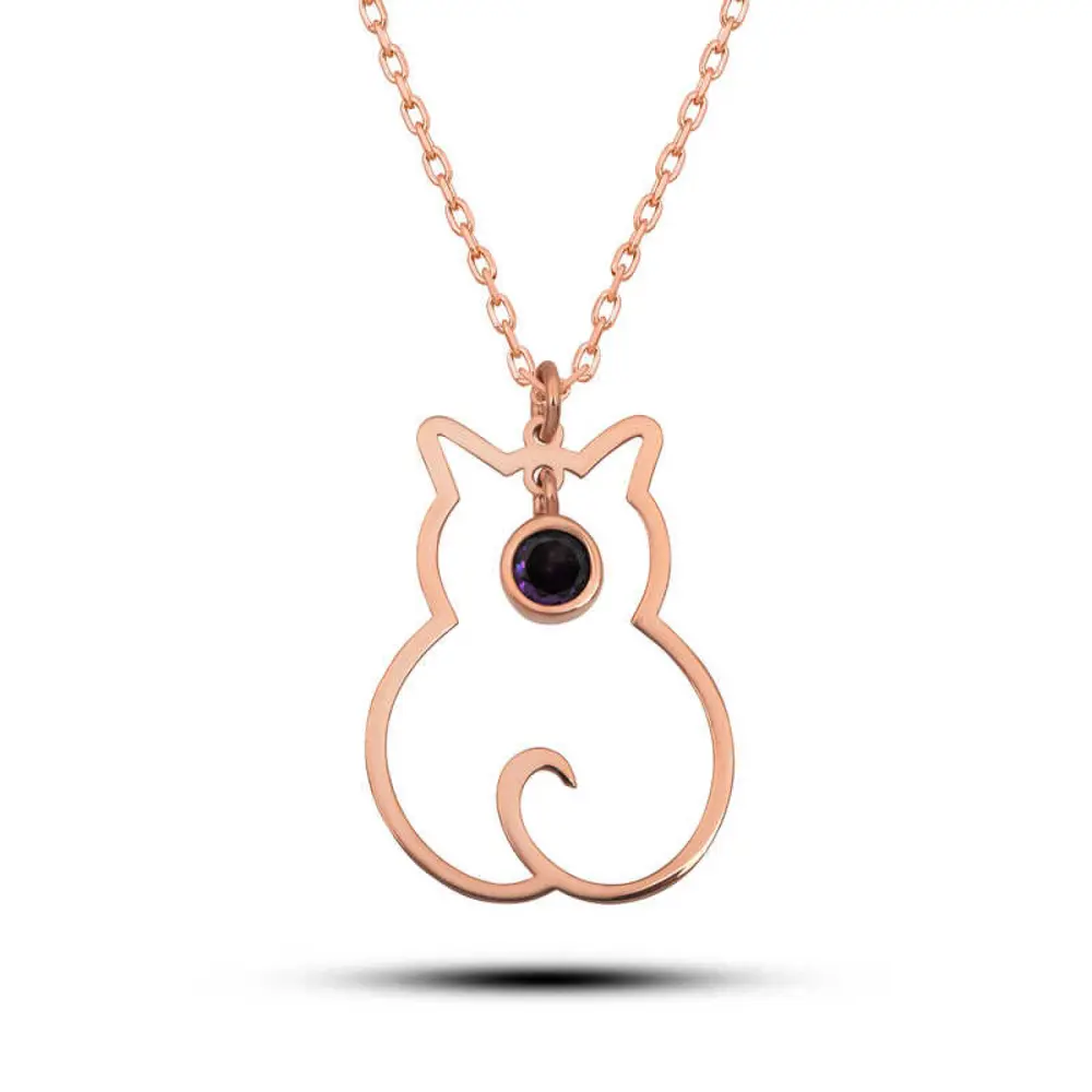 Lucky Life 925 Ayar Gumuss Şubat Ayı Doğum Taşı Kedi Kolye