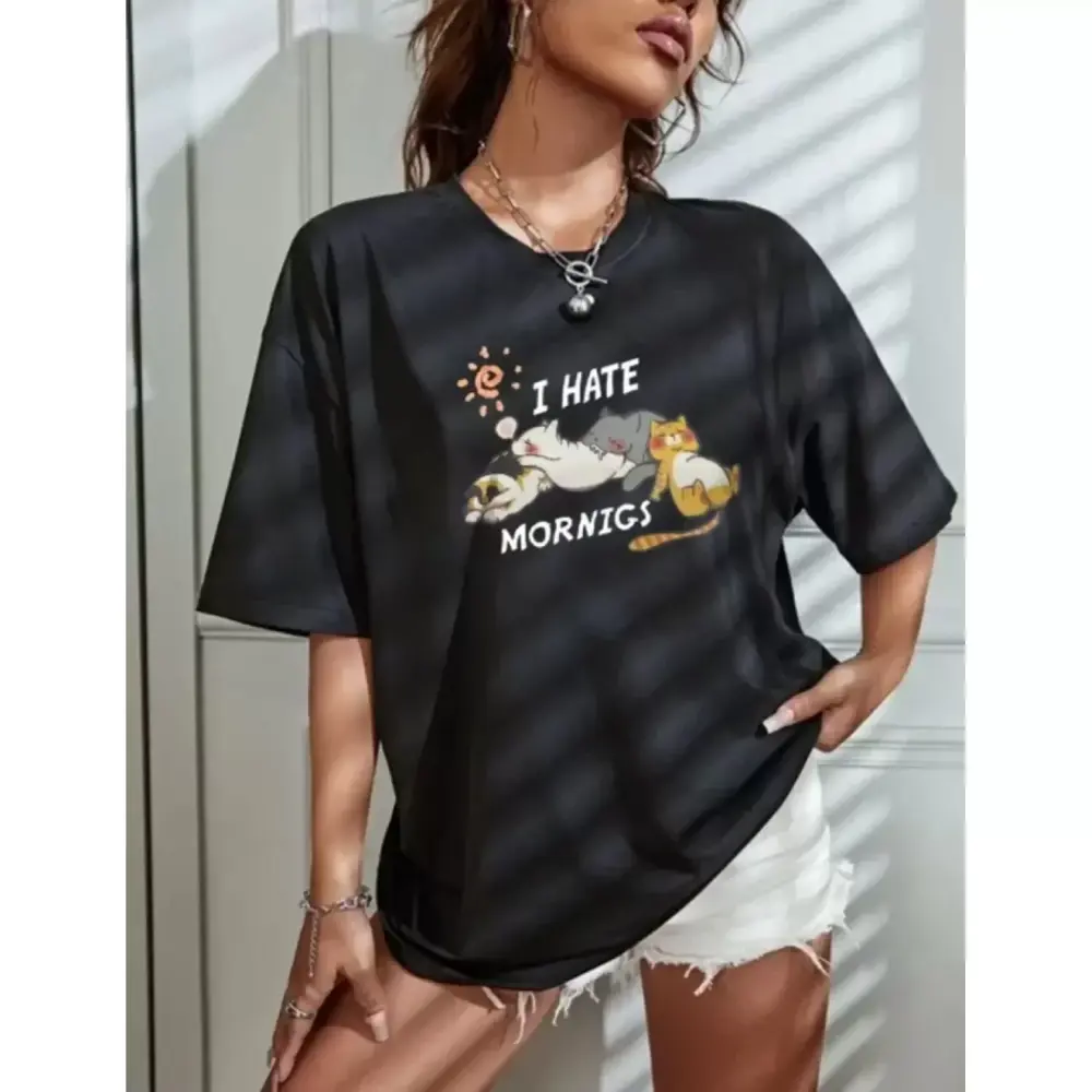 Lucky Life Bisiklet Yaka Baskılı Oversize T-Shirt - Siyah