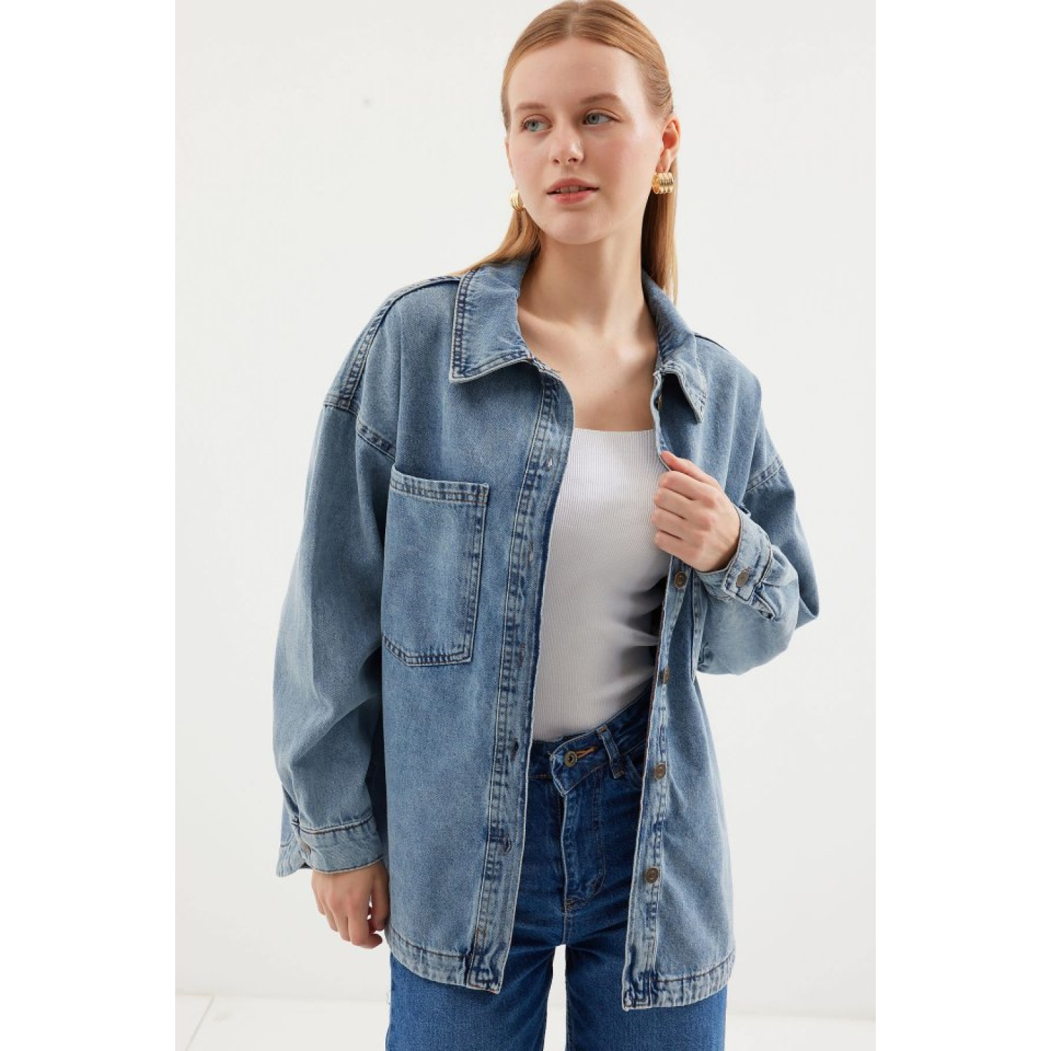 Lucky Life Çift Cepli Oversize Denim Ceket - Buz Mavi