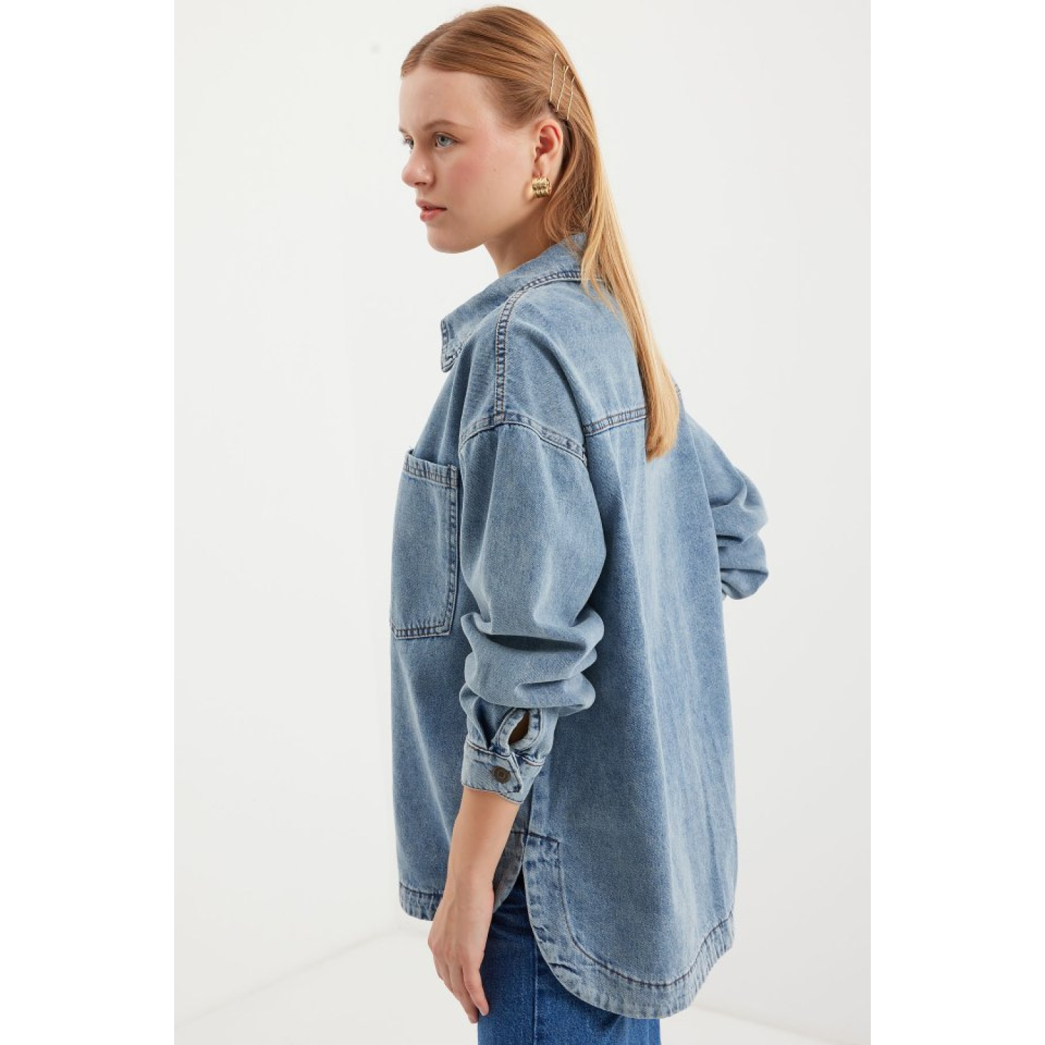 Lucky Life Çift Cepli Oversize Denim Ceket - Buz Mavi