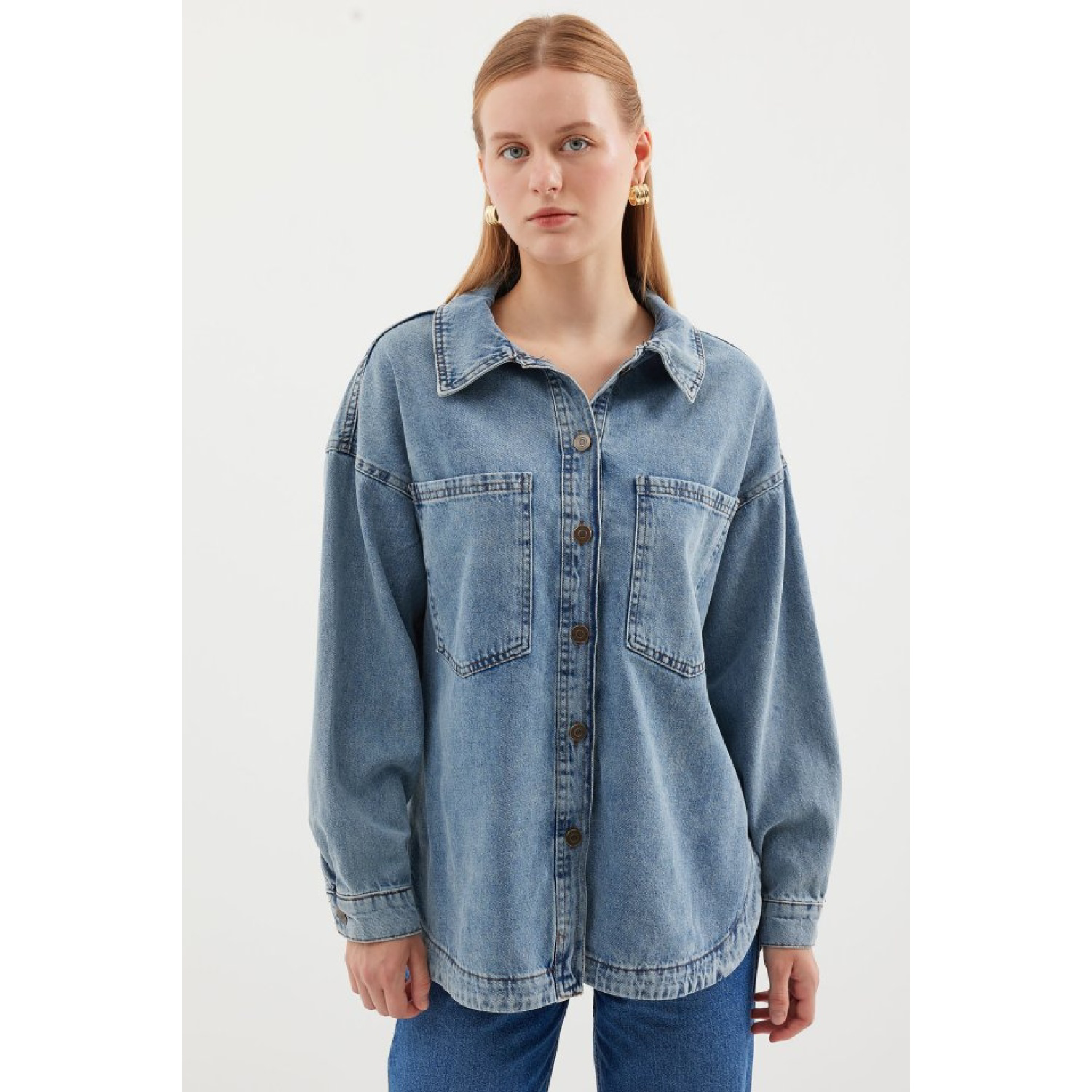 Lucky Life Çift Cepli Oversize Denim Ceket - Buz Mavi