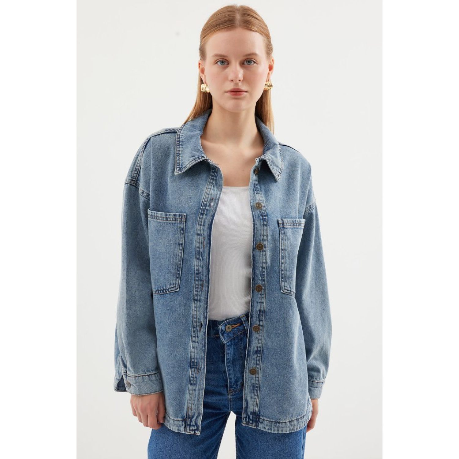 Lucky Life Çift Cepli Oversize Denim Ceket - Buz Mavi