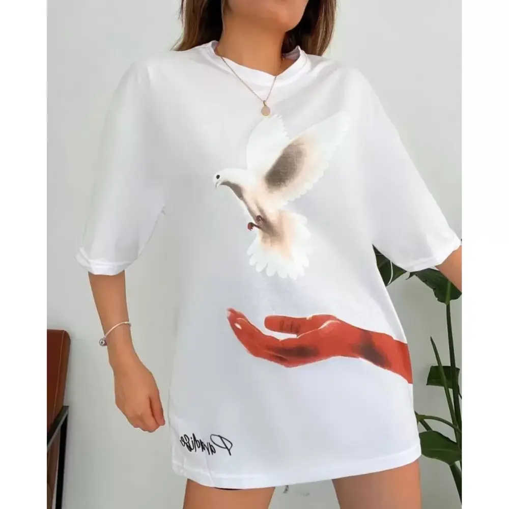 Lucky Life Dijital Baskılı T-Shirt - Beyaz