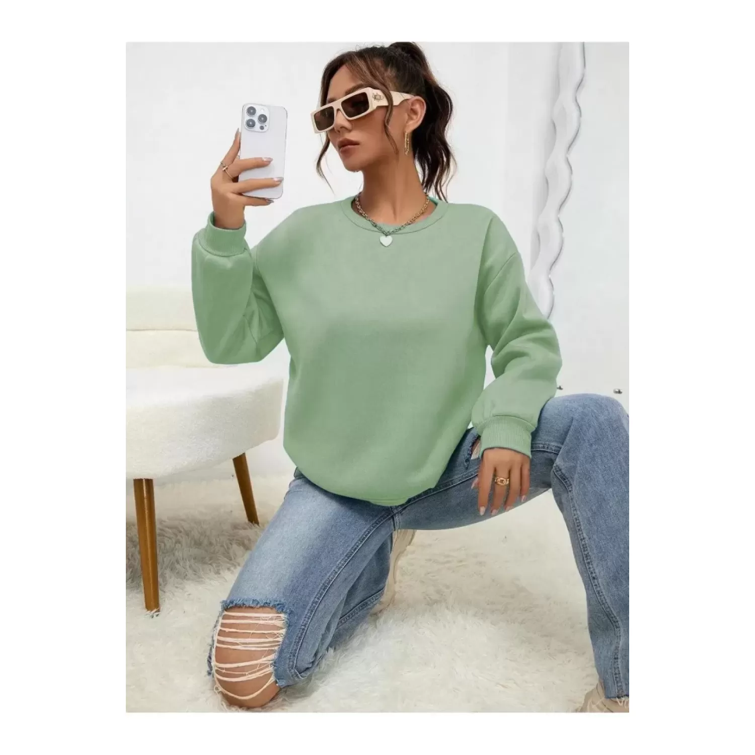 Lucky Life Düz Bisiklet Yaka Sweat - Mint Yeşili
