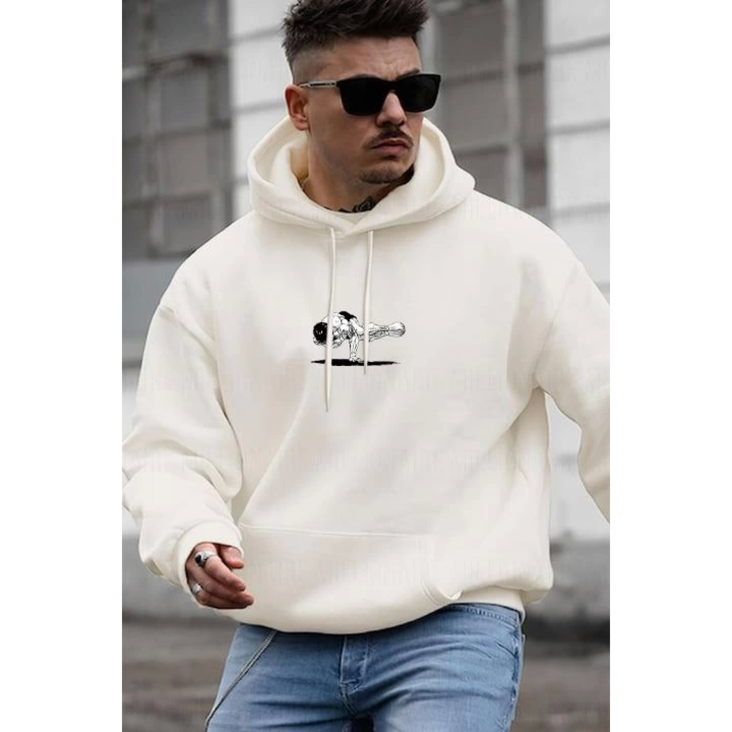 Lucky Life Erkek Baskılı Kapüşonlu Ve Kordon İpli Sweat - Beyaz