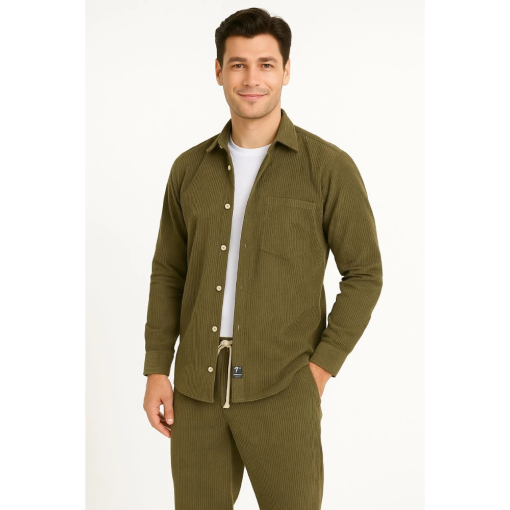 Lucky Life Erkek Kadife Oversize Takım – Gömlek Ve Pantolon İkili