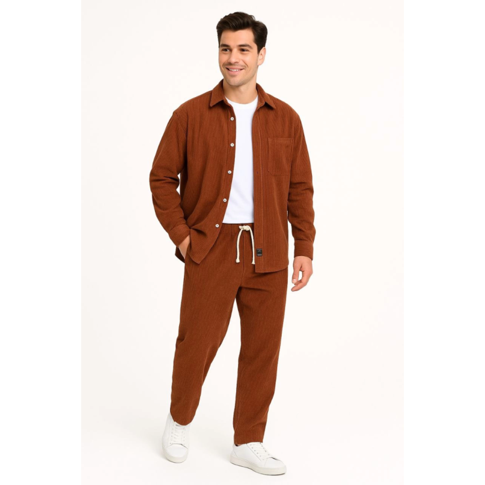 Lucky Life Erkek Kadife Oversize Takım – Gömlek Ve Pantolon İkili