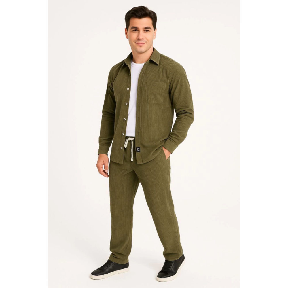 Lucky Life Erkek Kadife Oversize Takım – Gömlek Ve Pantolon İkili